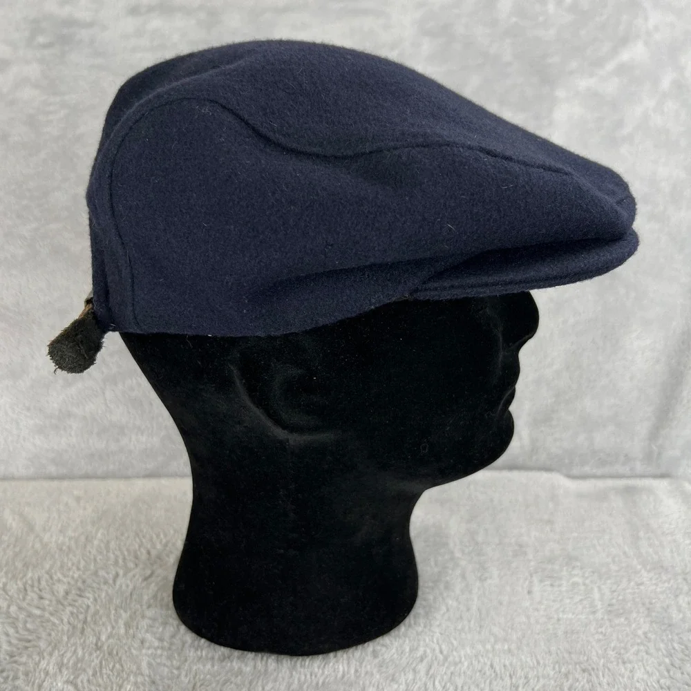 Vintage Wool Flat Cap Navy Blue Newsboy Ivy Driving Leather Strap USA Made Hat